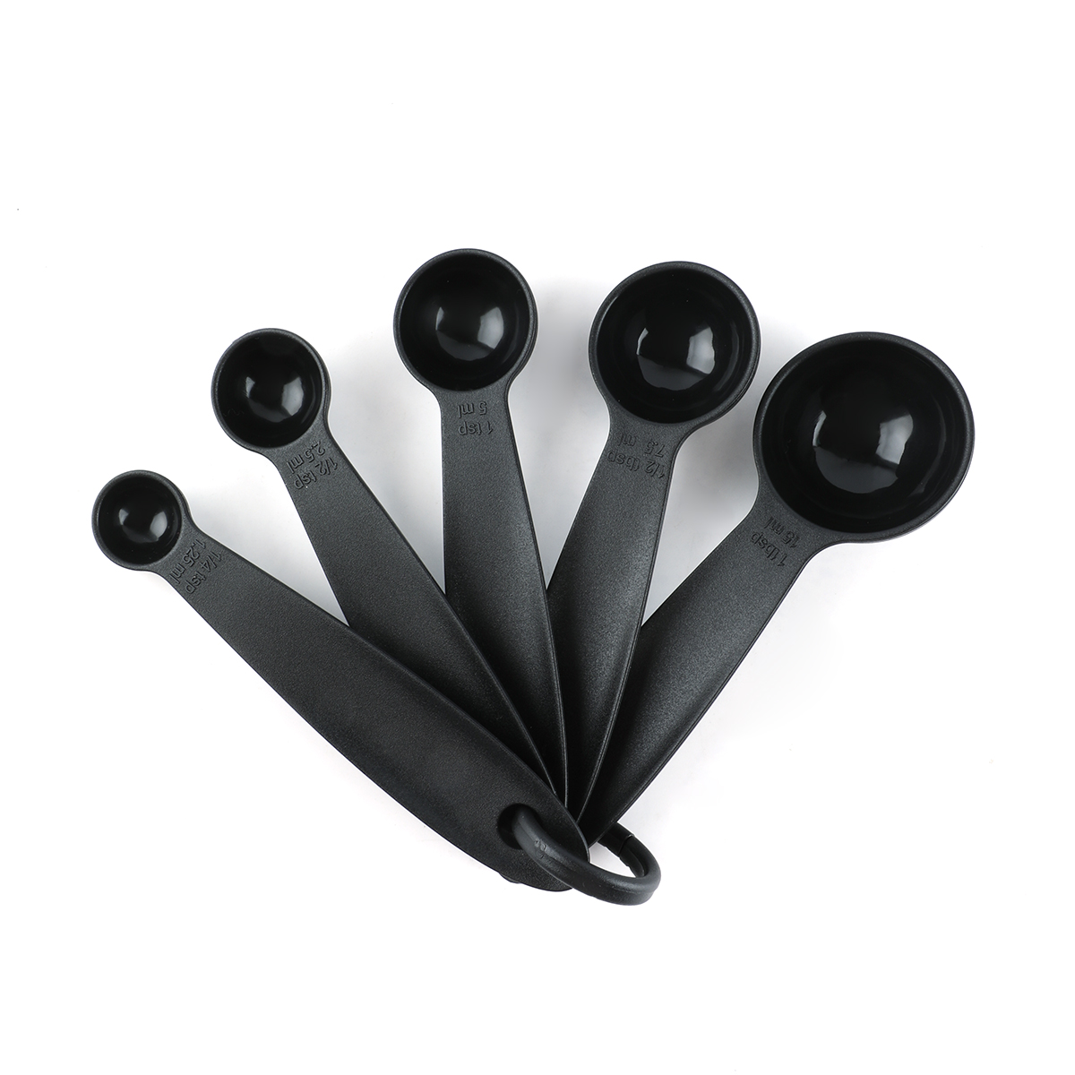Set of five black measuring spoons with ring holder included in the Le Regalo 33-piece kitchen utensil set.
