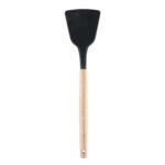 Black silicone turner spatula with wooden handle suitable for nonstick cookware.