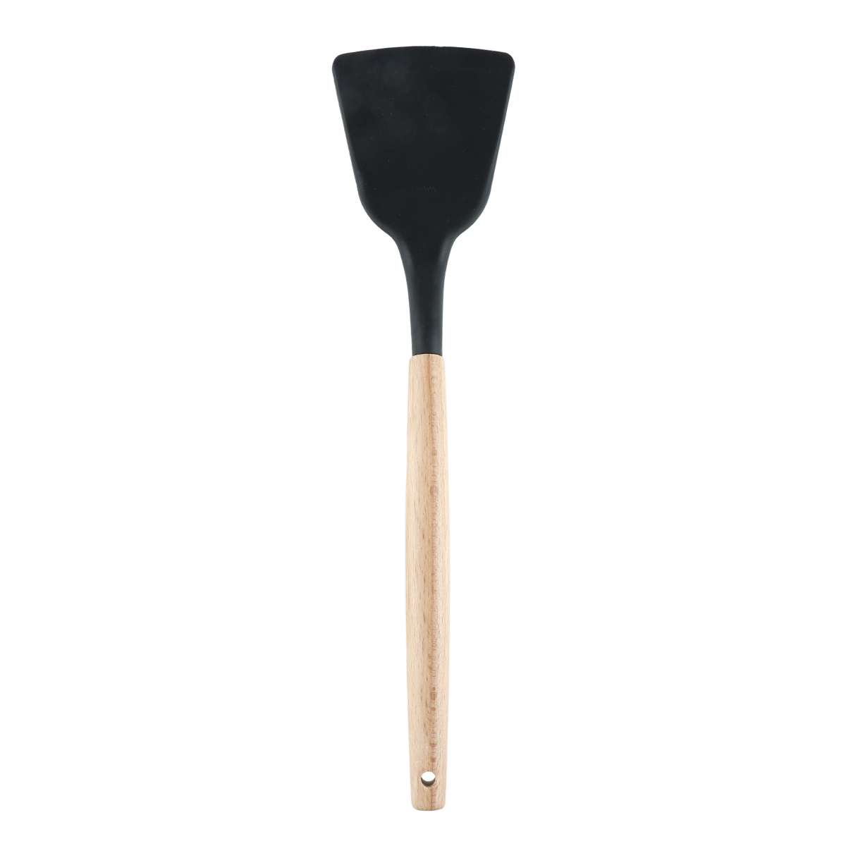 Black silicone turner spatula with wooden handle suitable for nonstick cookware.