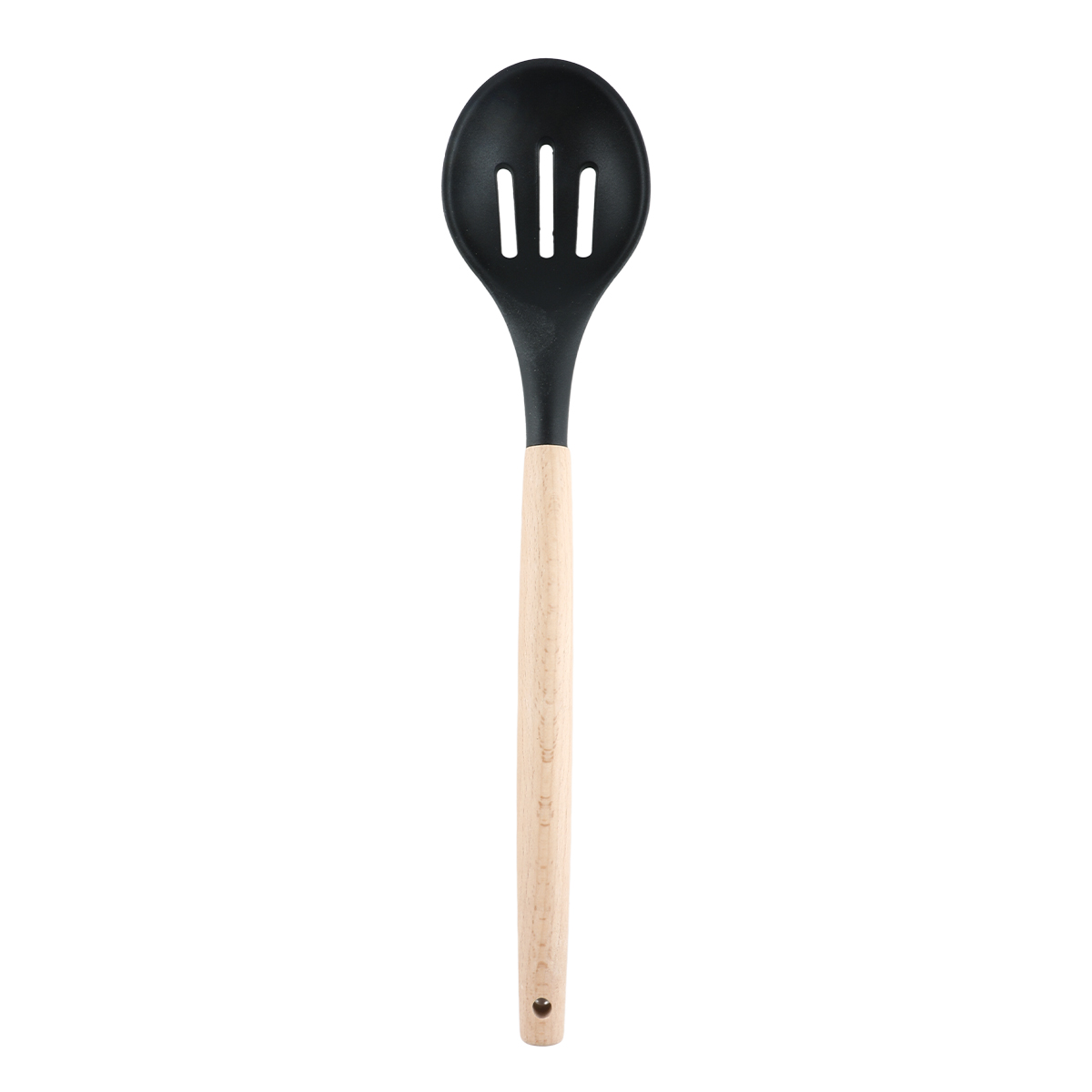 Black silicone slotted spoon with wooden handle for straining and serving food.