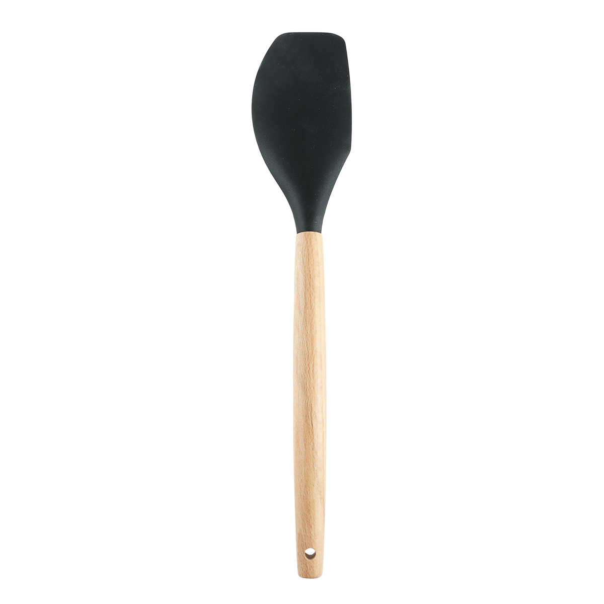 Black silicone flexible spatula with wooden handle designed for mixing and scraping.