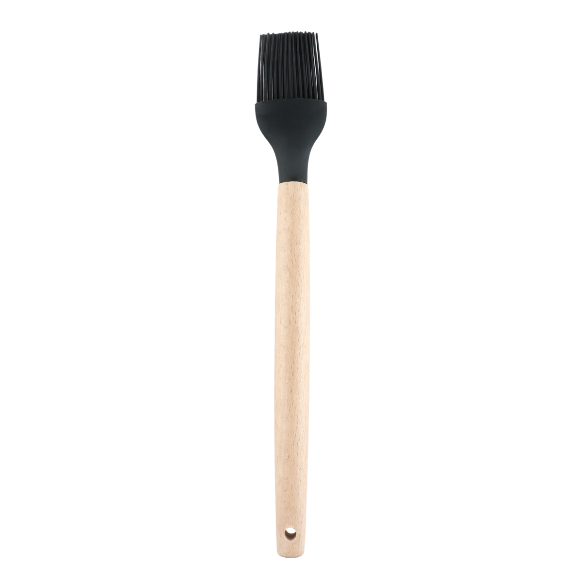 Black silicone basting brush with wooden handle for applying sauces, butter and marinades.