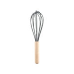 Black whisk with wooden handle for mixing batter, eggs and sauces.