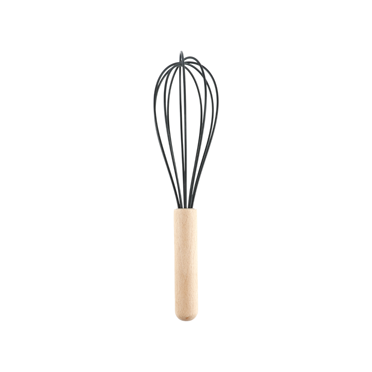 Black whisk with wooden handle for mixing batter, eggs and sauces.