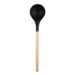 Black silicone soup ladle with wooden handle for serving soups, sauces and stews.