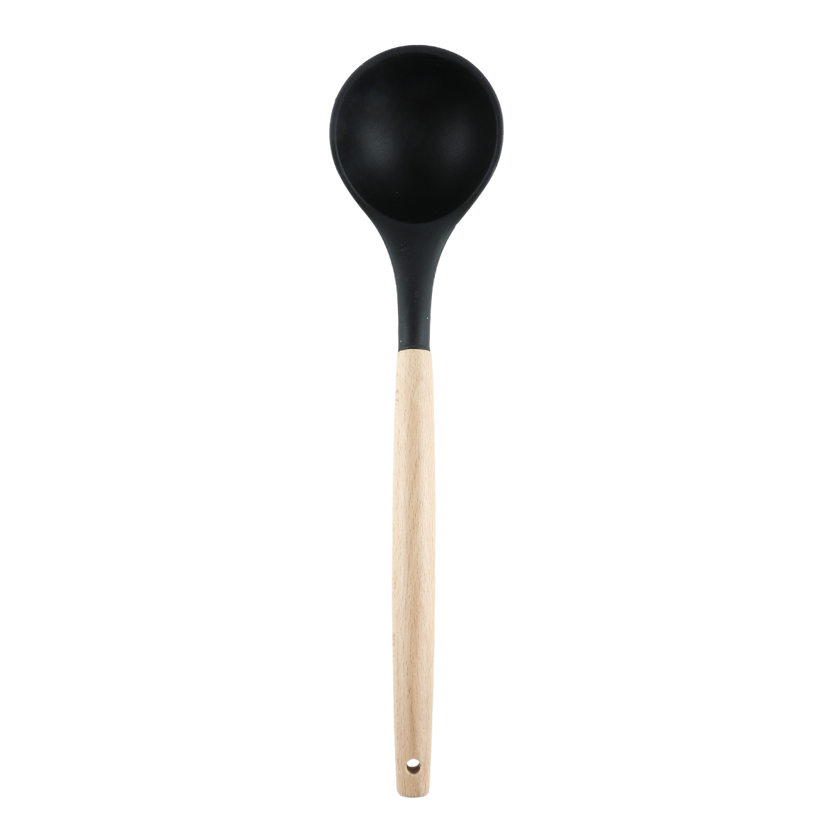 Black silicone soup ladle with wooden handle for serving soups, sauces and stews.