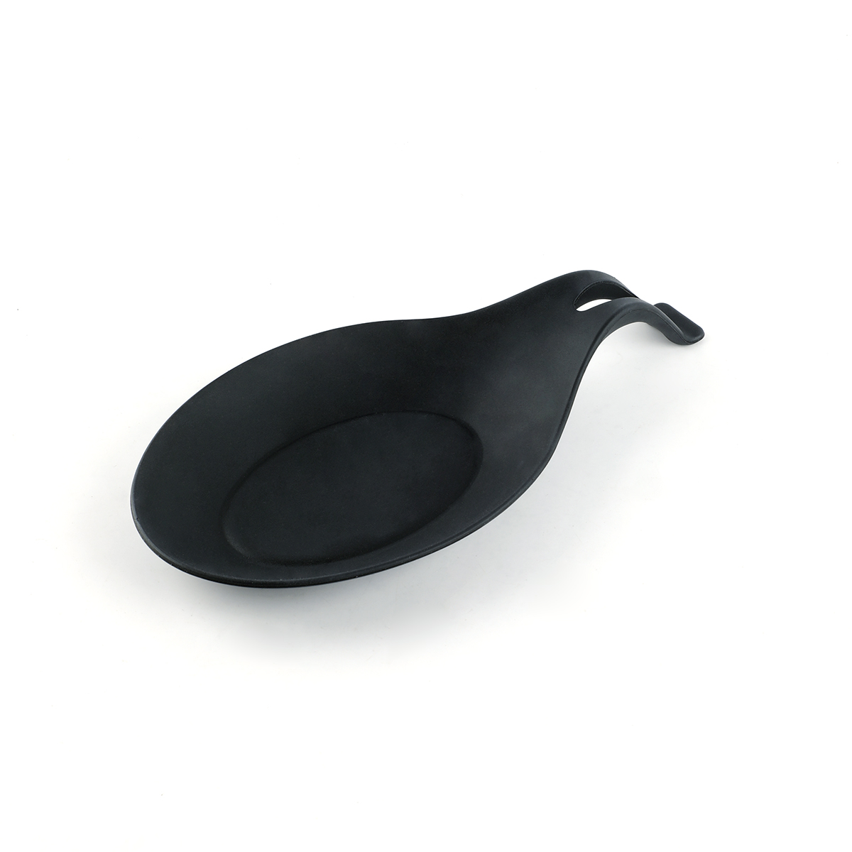 Black silicone spoon rest designed to keep countertops clean while cooking.