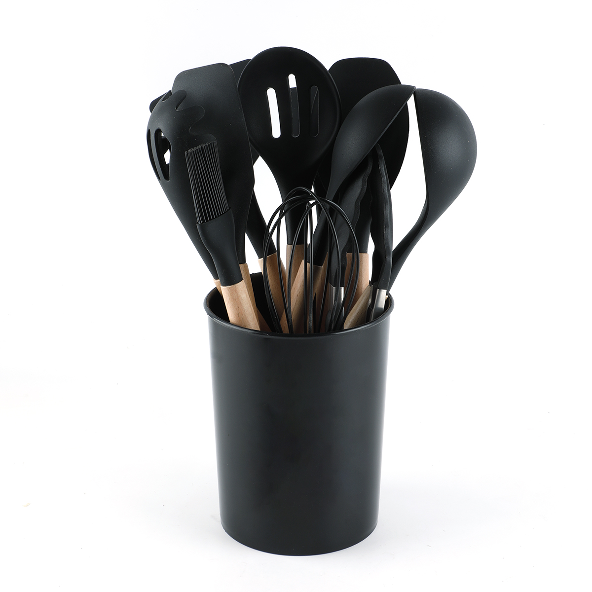 Le Regalo black silicone cooking utensils with wooden handles arranged inside a matching storage holder.