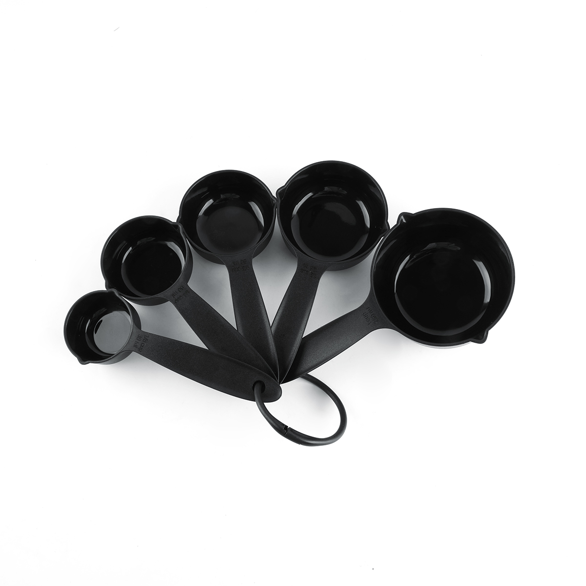 Set of five black measuring cups with ring holder for accurate cooking and baking measurements.