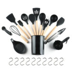 Complete Le Regalo 33-piece kitchen utensil set including silicone cooking tools, measuring cups, measuring spoons, storage holder, spoon rest, tongs and S hooks.