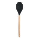 Black silicone solid spoon with ergonomic wooden handle for cooking and serving.