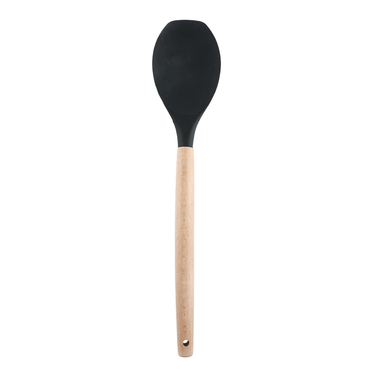 Black silicone solid spoon with ergonomic wooden handle for cooking and serving.