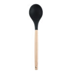 Heat-resistant black silicone cooking spoon with natural wooden handle.