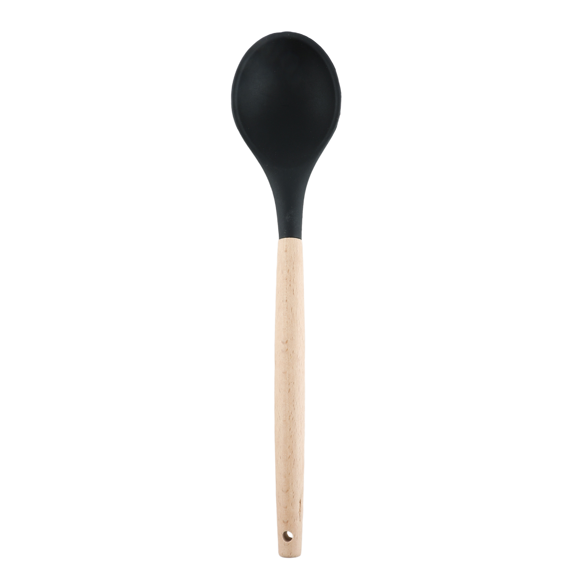 Heat-resistant black silicone cooking spoon with natural wooden handle.