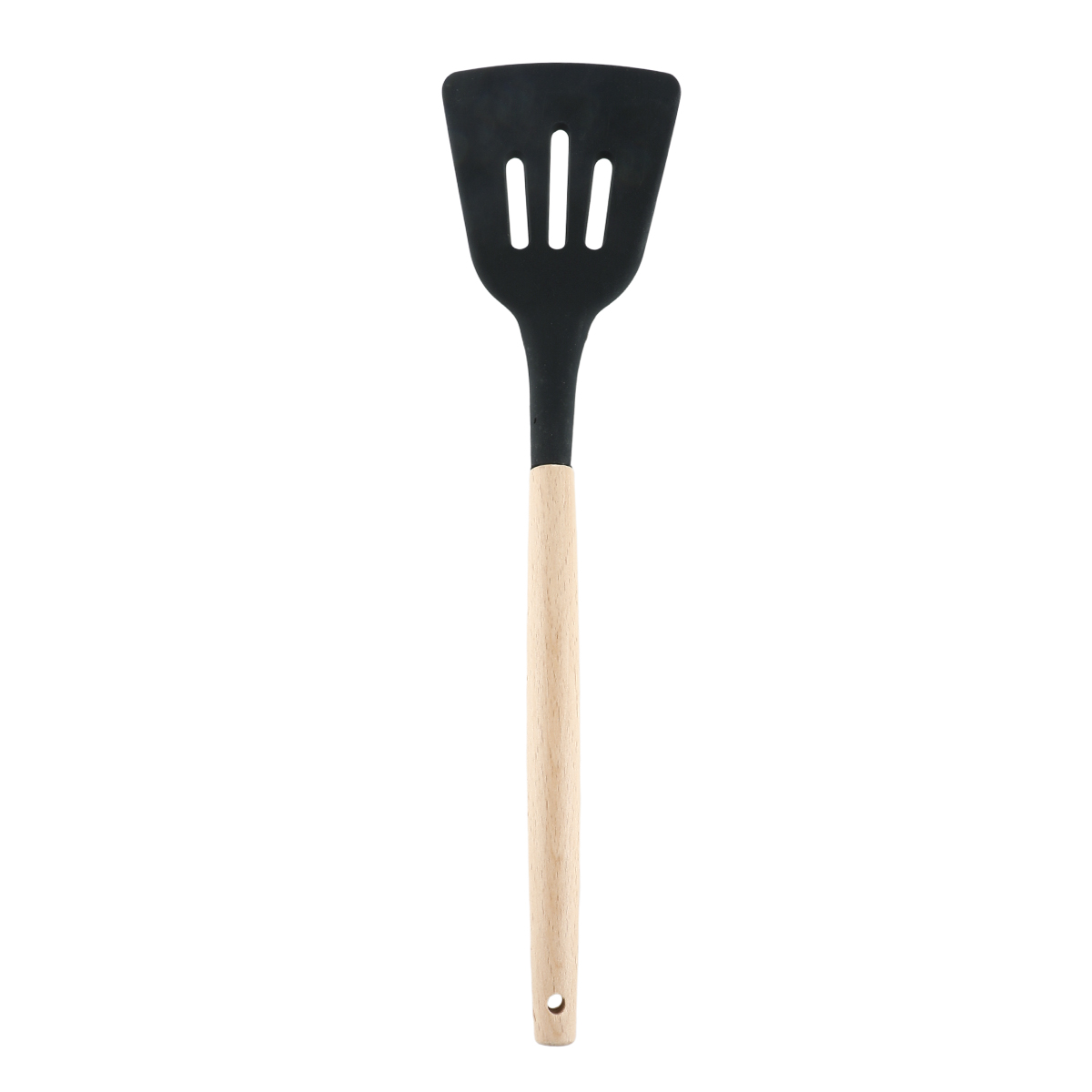 Black silicone slotted turner spatula with wooden handle for flipping and draining foods.