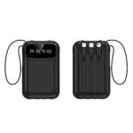 Compact travel-friendly power bank with LED display and built-in Lightning, USB-C, and Micro USB cables