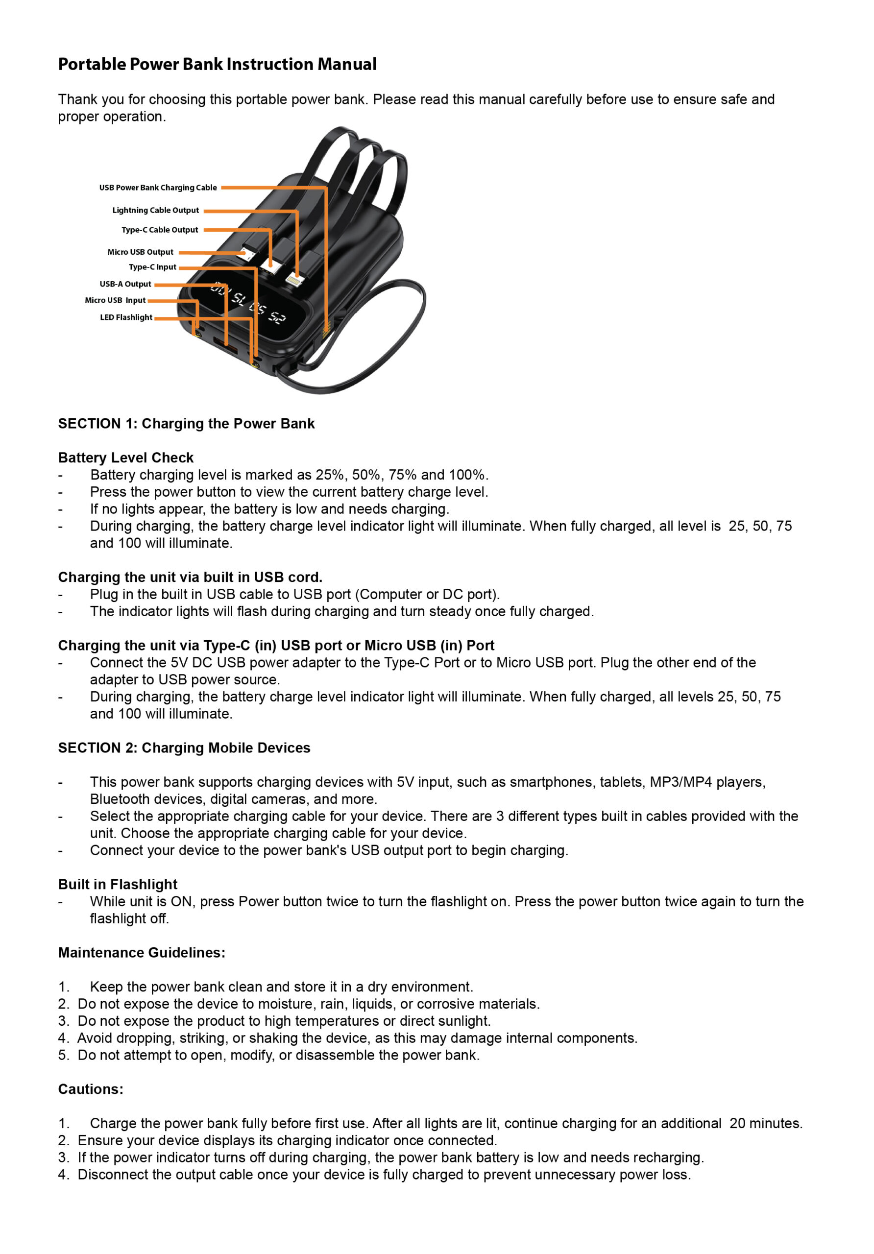 Portable power bank instruction manual showing charging ports, built-in cables, and operating instructions