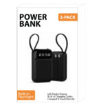2-pack portable power bank with built-in charging cables, LED display, and flashlight retail packaging