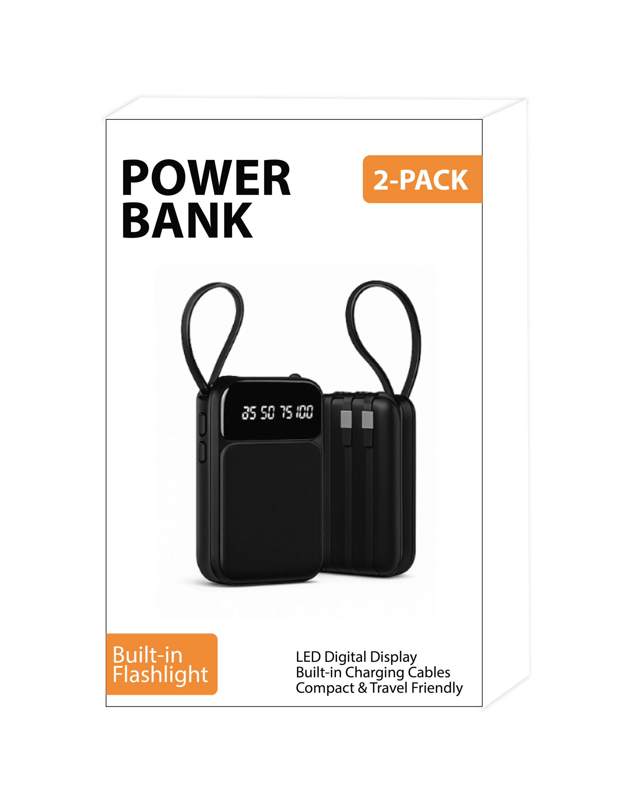 2-pack portable power bank with built-in charging cables, LED display, and flashlight retail packaging