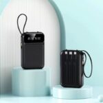 Compact portable power banks with LED battery display and integrated charging cables