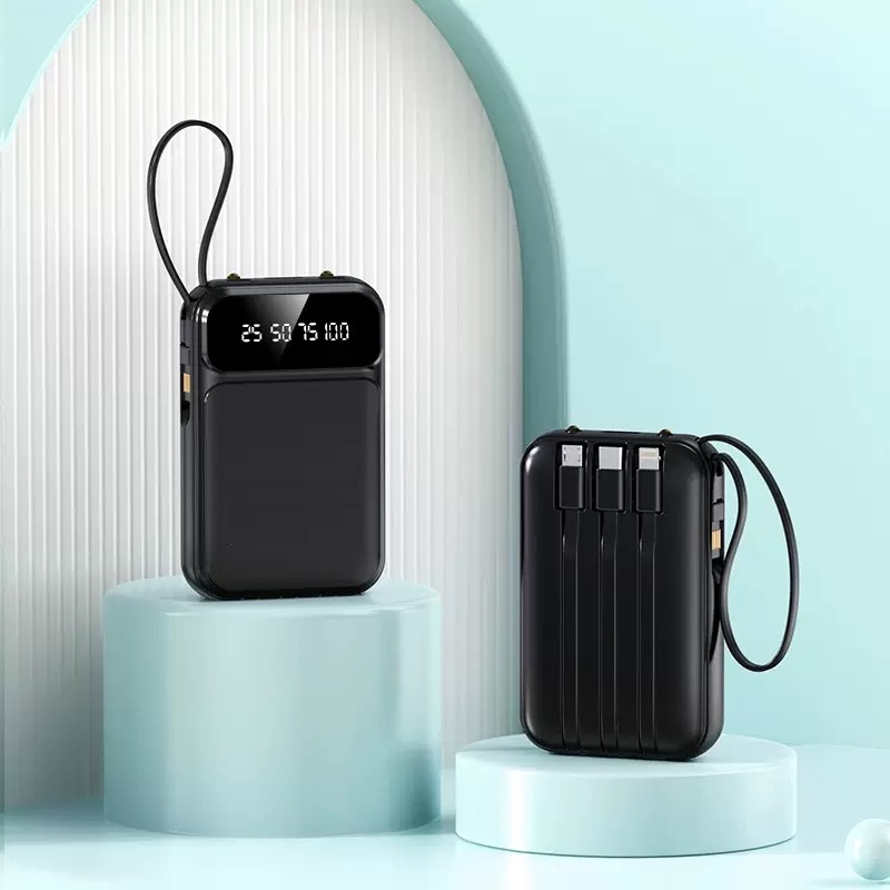 Compact portable power banks with LED battery display and integrated charging cables