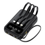 Portable power bank with built-in Lightning, USB-C, and Micro USB charging cables and digital display