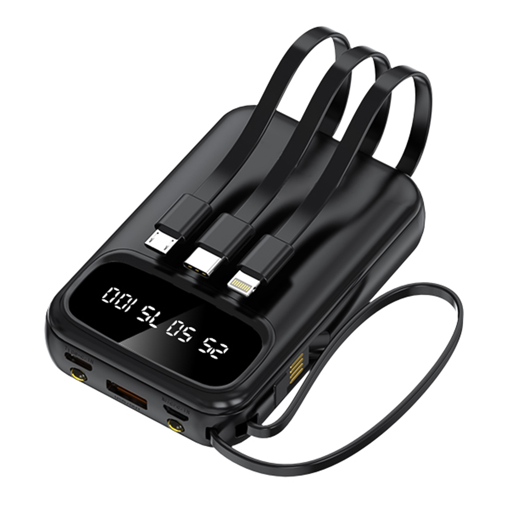 Portable power bank with built-in Lightning, USB-C, and Micro USB charging cables and digital display