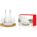 Le Regalo 5 Piece Stoneware Condiment Set with Wooden Tray and it's packaging