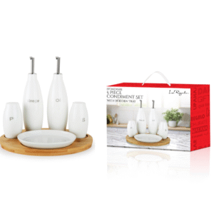 Le Regalo 5 Piece Stoneware Condiment Set with Wooden Tray and it's packaging