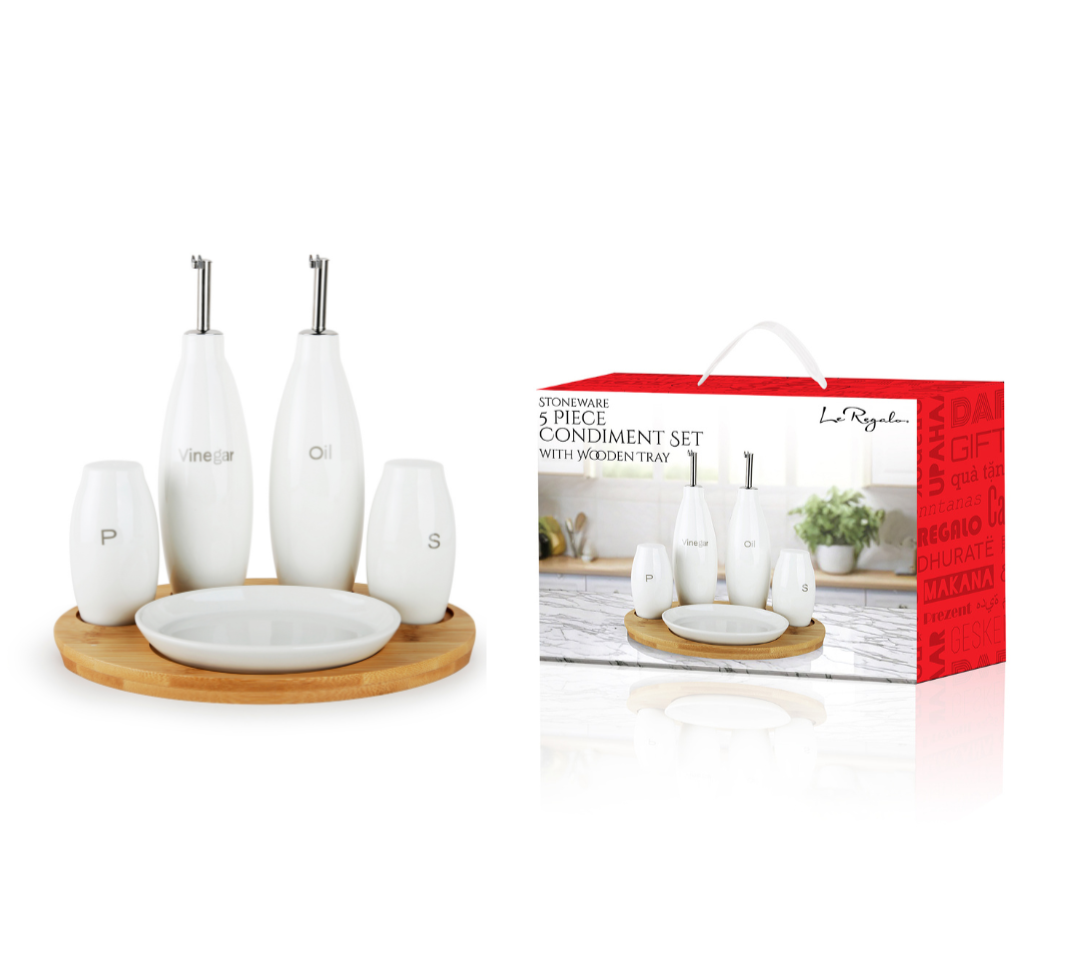 Le Regalo 5 Piece Stoneware Condiment Set with Wooden Tray and it's packaging