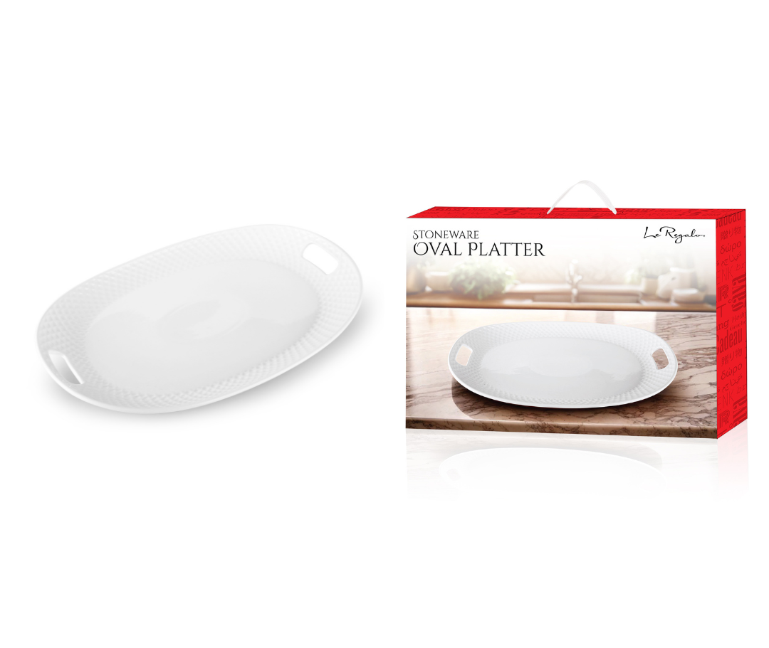 Le Regalo Stoneware Oval Platter with Handles and packaging