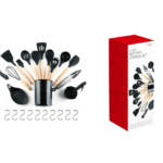 Le Regalo 33-piece kitchen utensil set displayed beside its retail packaging, featuring black silicone tools with wooden handles and accessories.