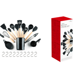 Le Regalo 33-piece kitchen utensil set displayed beside its retail packaging, featuring black silicone tools with wooden handles and accessories.