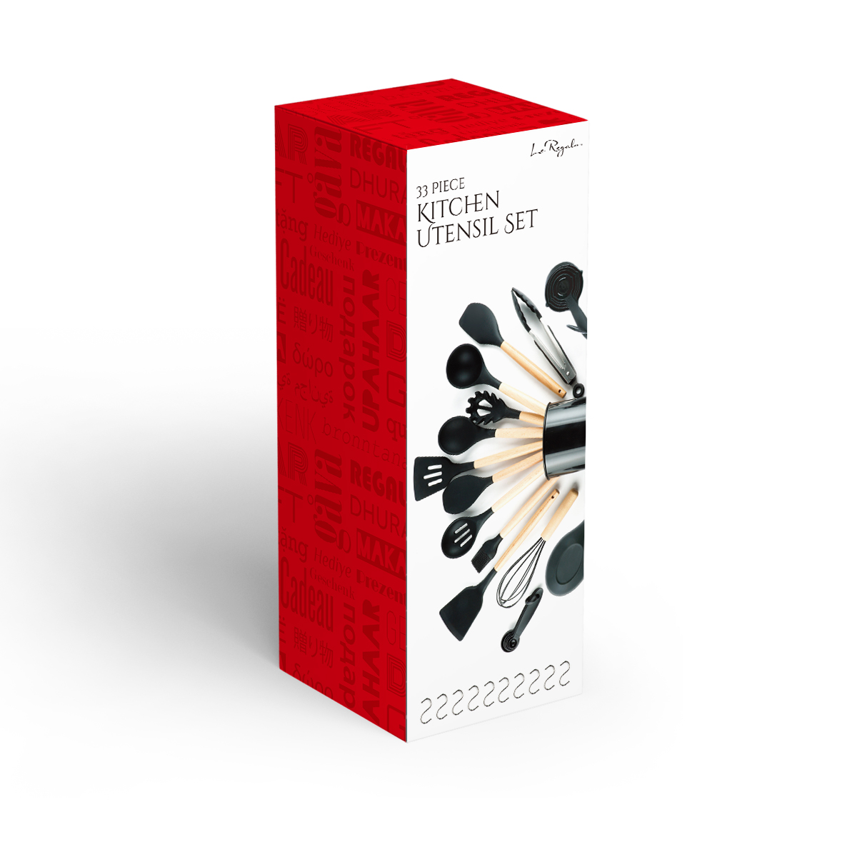 Le Regalo 33-piece kitchen utensil set retail packaging featuring black silicone utensils with wooden handles and storage holder.